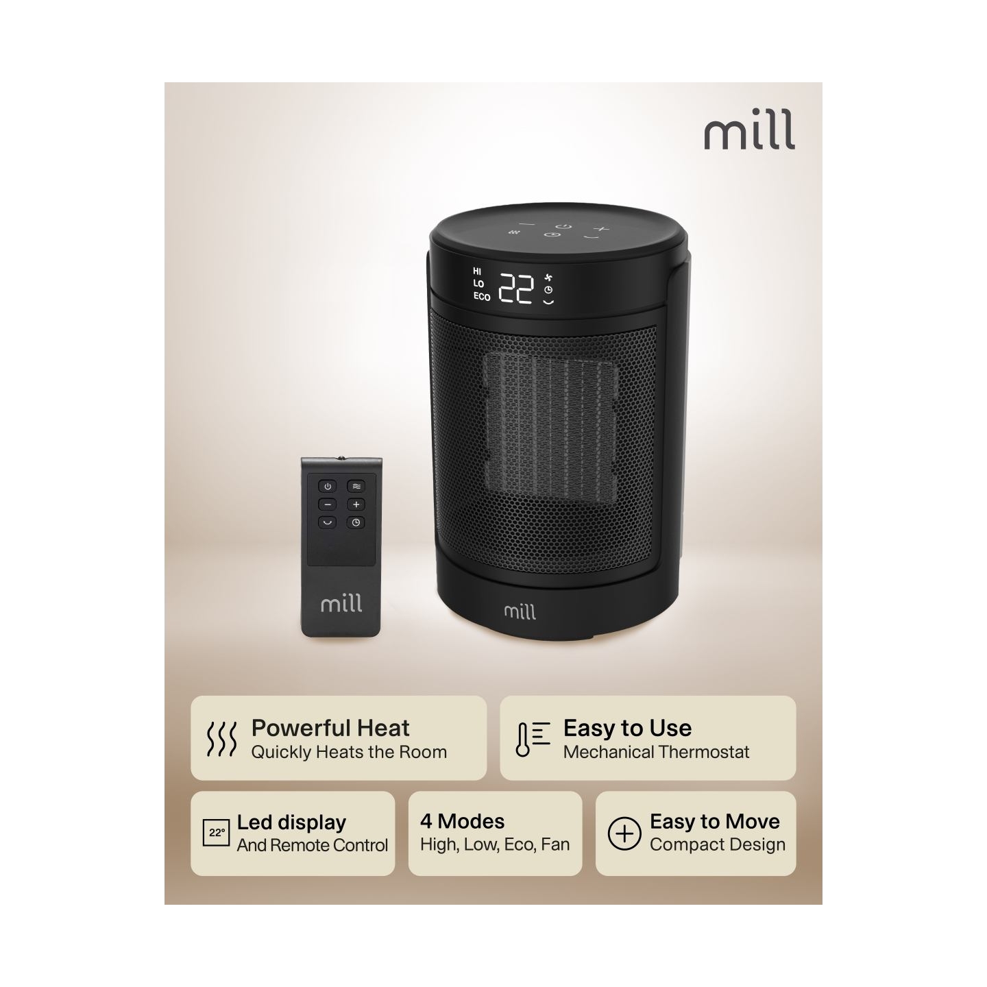Mill FH1500BLACK | Ceramic fan heater | 1500 W | Suitable for rooms up to 22 m² | Black