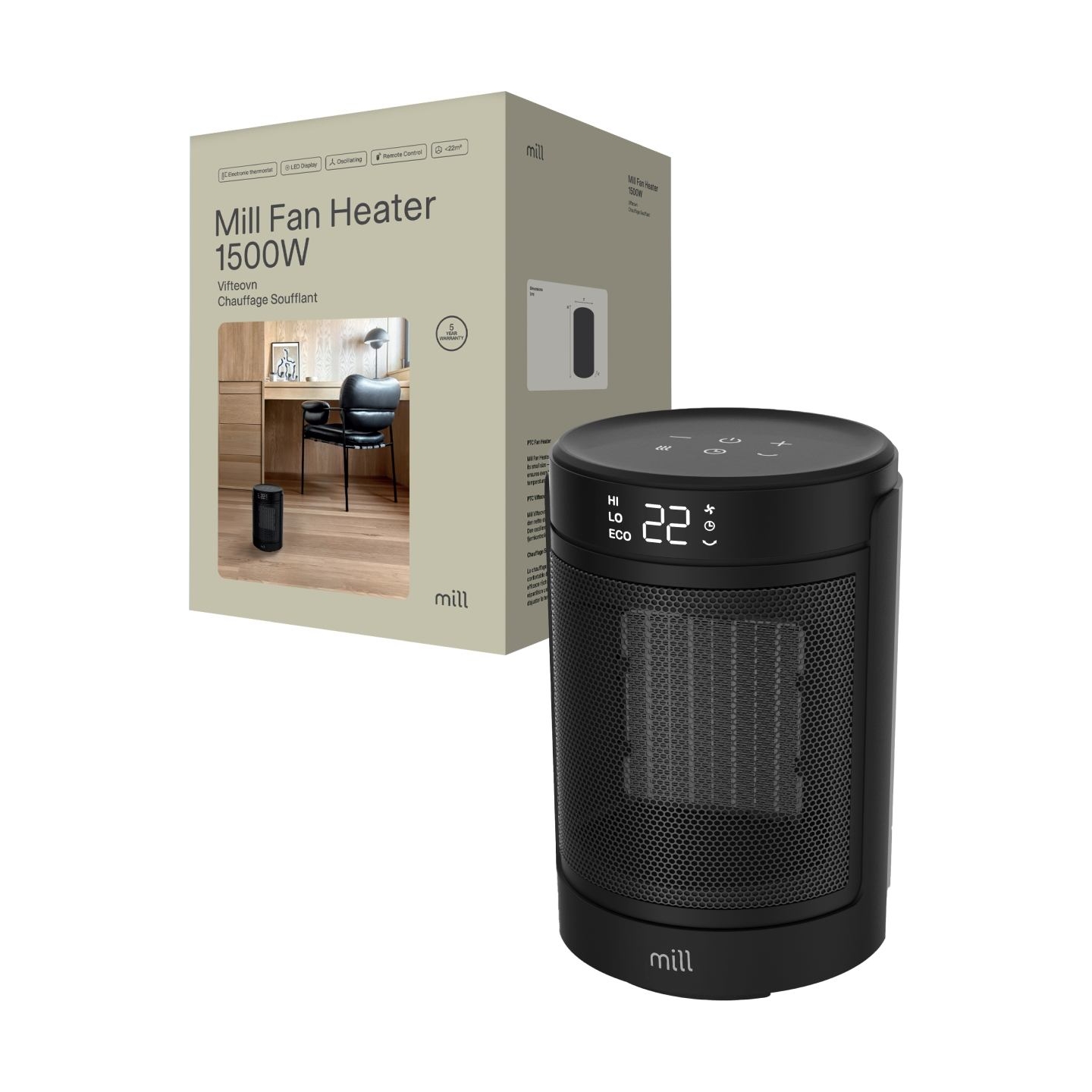Mill FH1500BLACK | Ceramic fan heater | 1500 W | Suitable for rooms up to 22 m² | Black