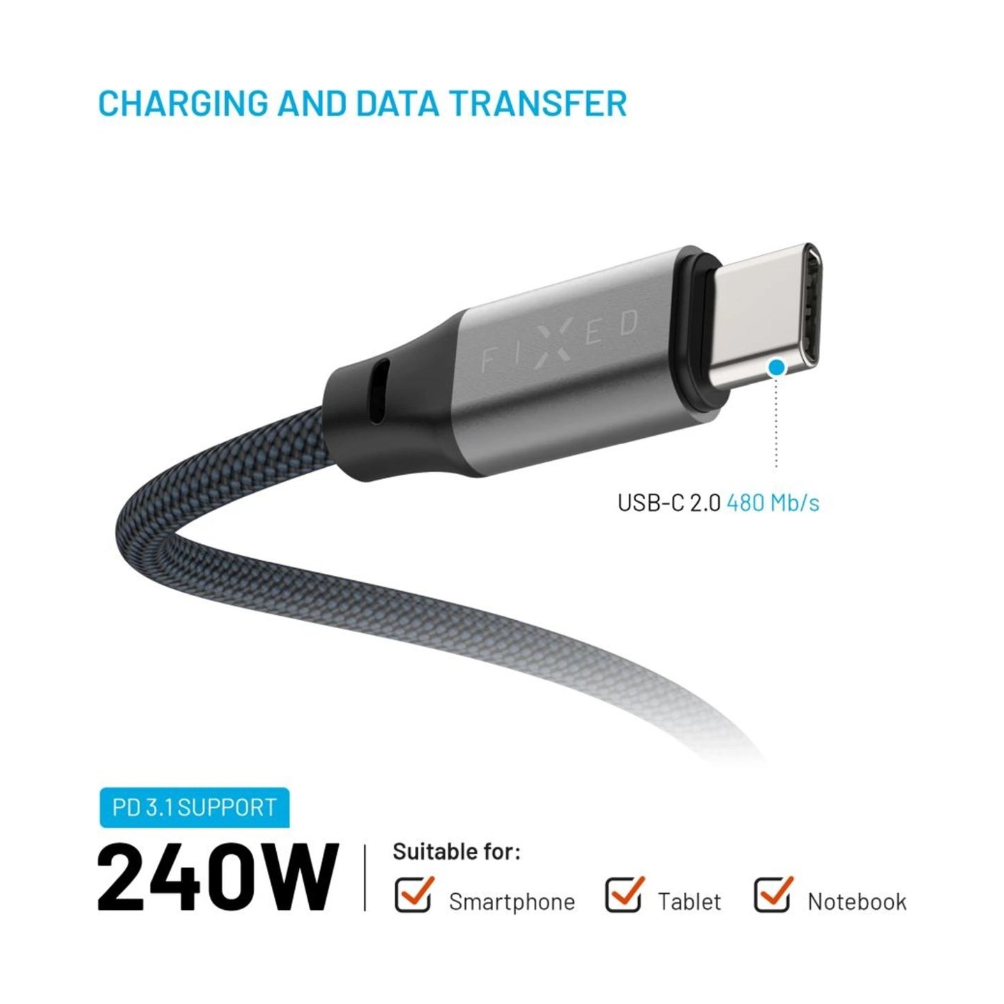 Fixed | Magnetic Braided Cable USB-C/USB-C, USB 2.0, Gray | FIXDBM-CC12-GR