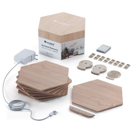 Nanoleaf | Elements Wood Look Hexagons Starter Kit (7 panels) | Cool White + Warm White