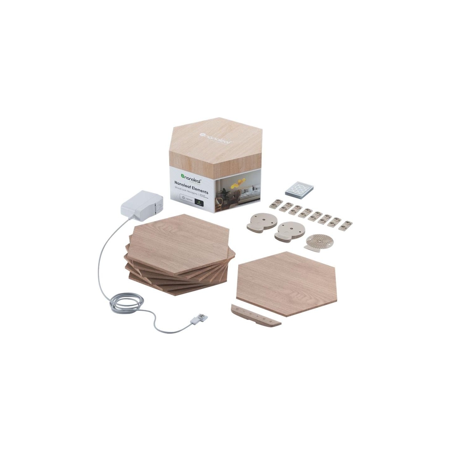 Nanoleaf | Elements Wood Look Hexagons Starter Kit (7 panels) | Cool White + Warm White