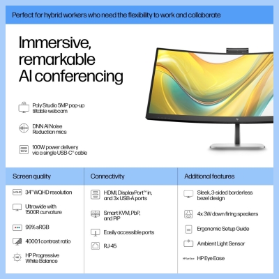 HP 534pm Series 5 Pro WQHD USB-C Curved Conferencing PVC Free Monitor - 34" 3440x1440 WQHD 400-nit AG, VA, USB-C(100W/15W)/HDMI/