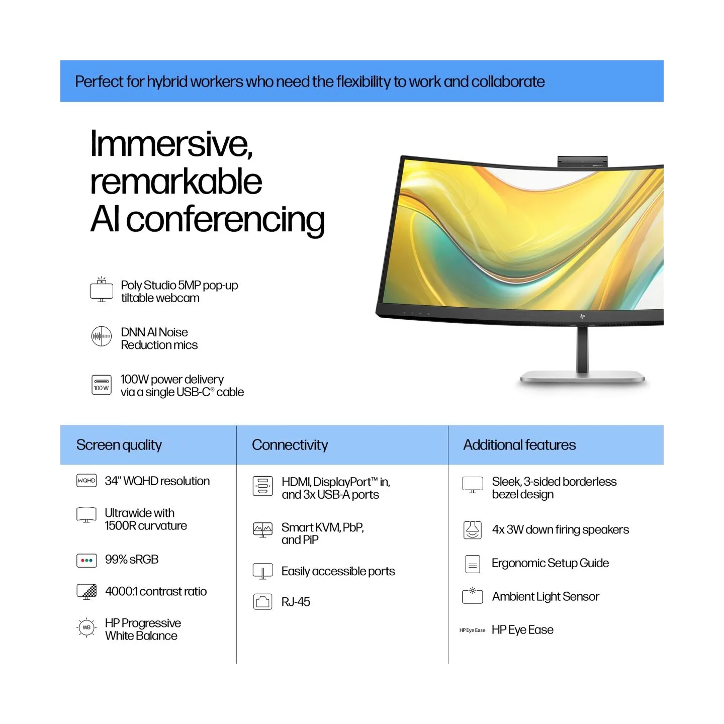 HP 534pm Series 5 Pro WQHD USB-C Curved Conferencing PVC Free Monitor - 34" 3440x1440 WQHD 400-nit AG, VA, USB-C(100W/15W)/HDMI/