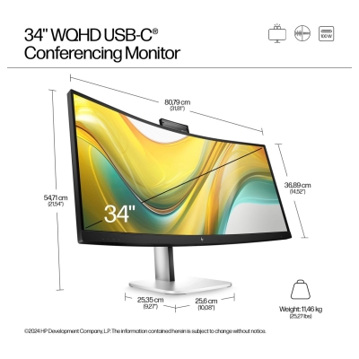 HP 534pm Series 5 Pro WQHD USB-C Curved Conferencing PVC Free Monitor - 34" 3440x1440 WQHD 400-nit AG, VA, USB-C(100W/15W)/HDMI/