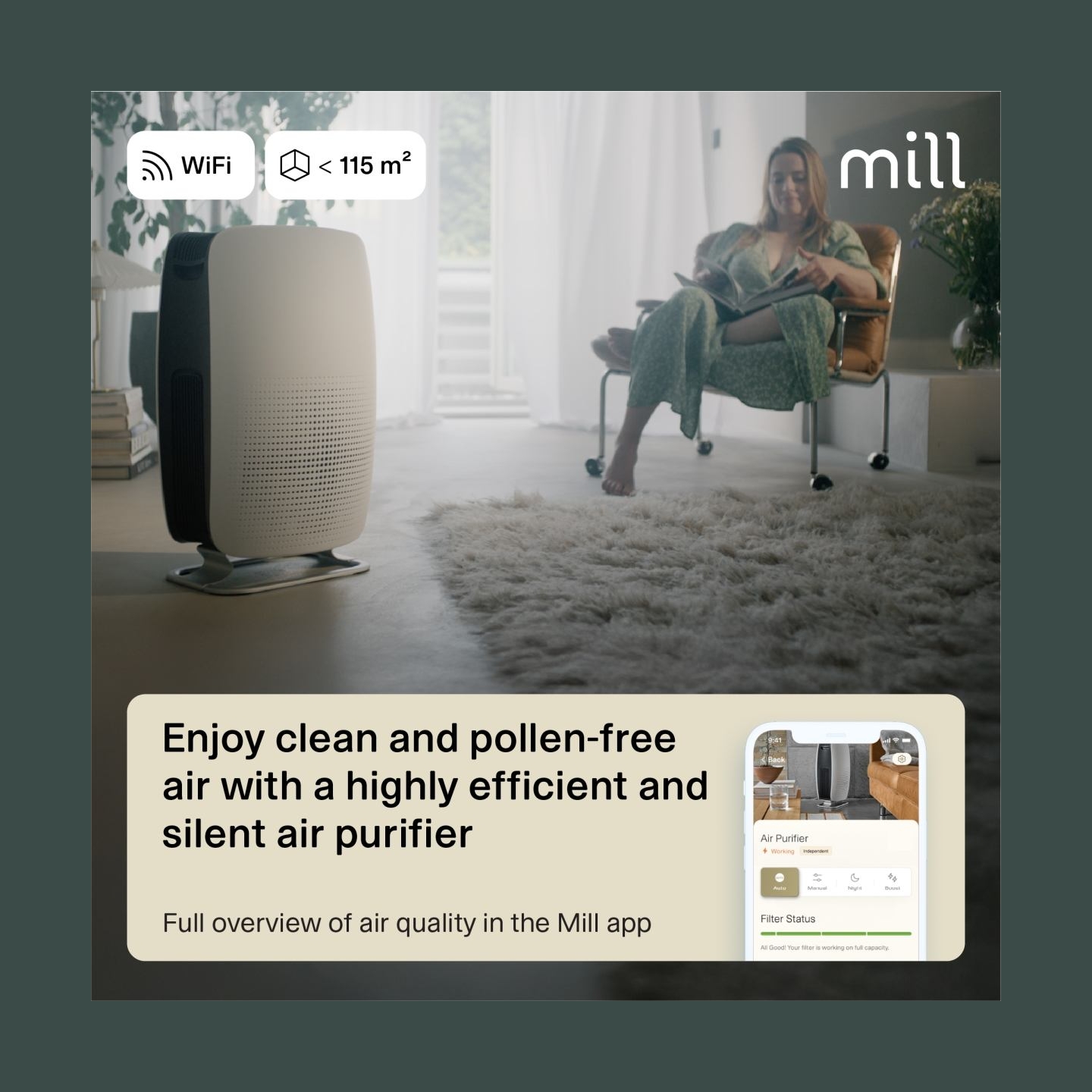 Mill | Silent Pro Air Purifier | APSILENT | Suitable for rooms up to 115 m² | 68.3 m³ | White/Black
