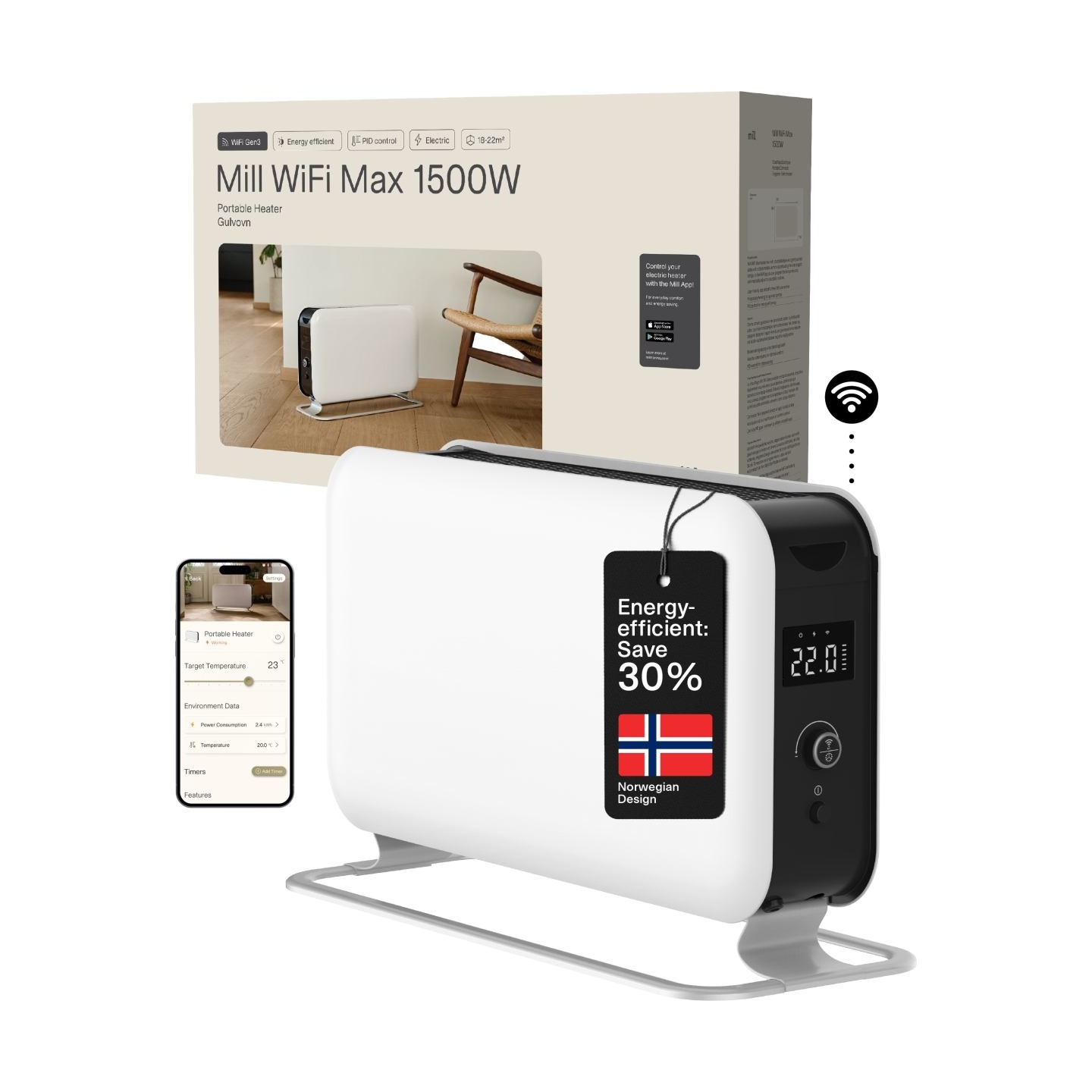 Mill | Portable Heater | CO1500MAXWIFI3 | Convection Heater | 1500 W | Suitable for rooms up to 14-18 m² | White | IPX4
