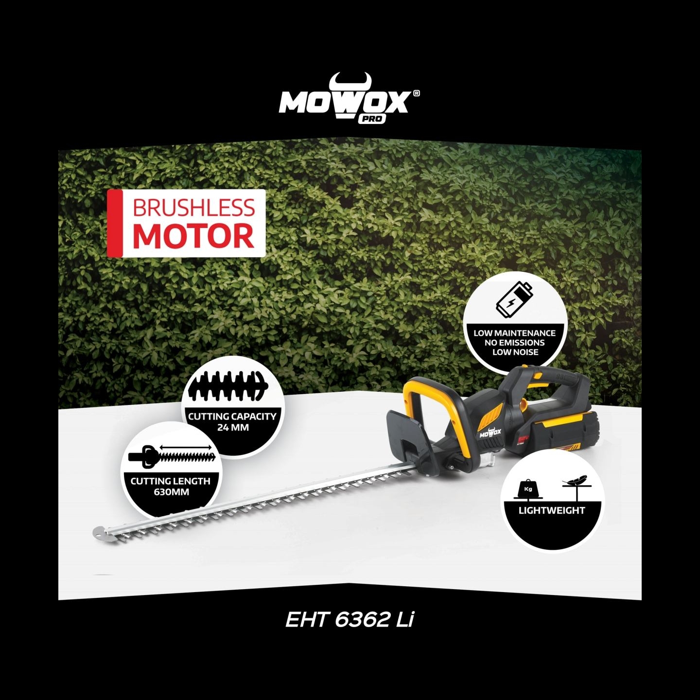 Mowox | 62V Excel Series Hand Held Battery Hedge Trimmer With Rotating Handle (Without Battery and Charger) | EHT 6362 Li | Cord