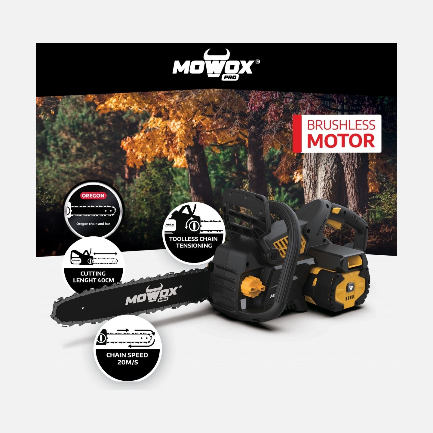 Mowox | Excel Series Hand Held Battery Chain Saw With Toolless Saw Chain Tension System (Without Battery and Charger) | ECS 4062
