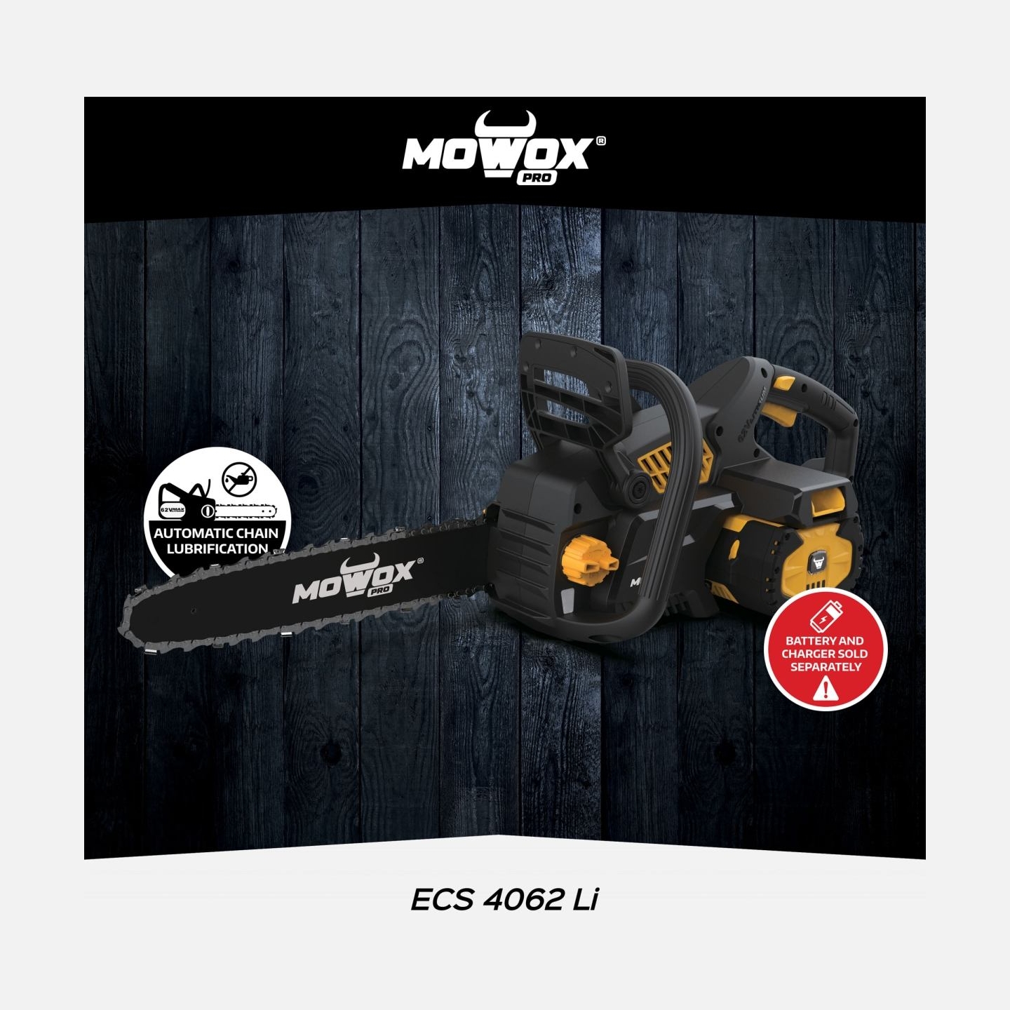 Mowox | Excel Series Hand Held Battery Chain Saw With Toolless Saw Chain Tension System (Without Battery and Charger) | ECS 4062