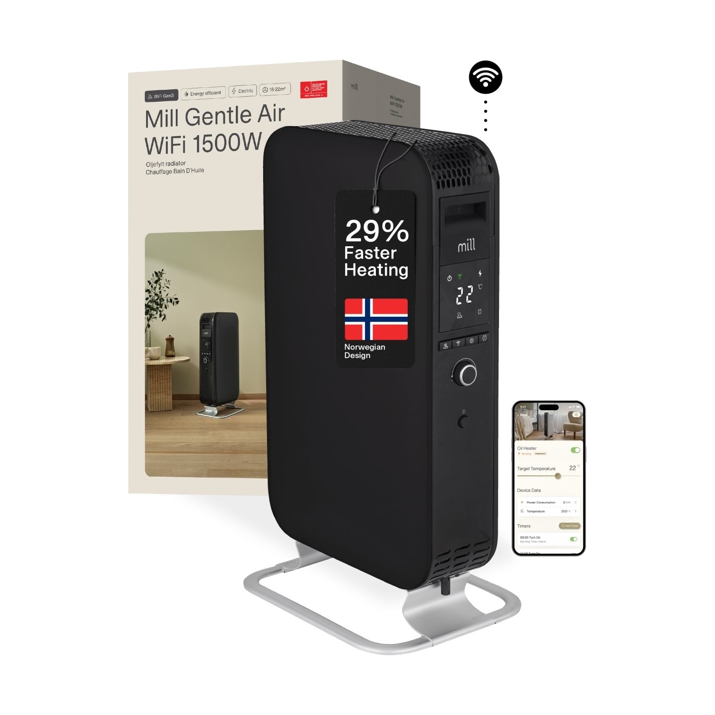 Mill | Heater | OIL1500WIFI3 Gentle Air | Oil Filled Radiator | 1500 W | Suitable for rooms up to 22 m² | Black