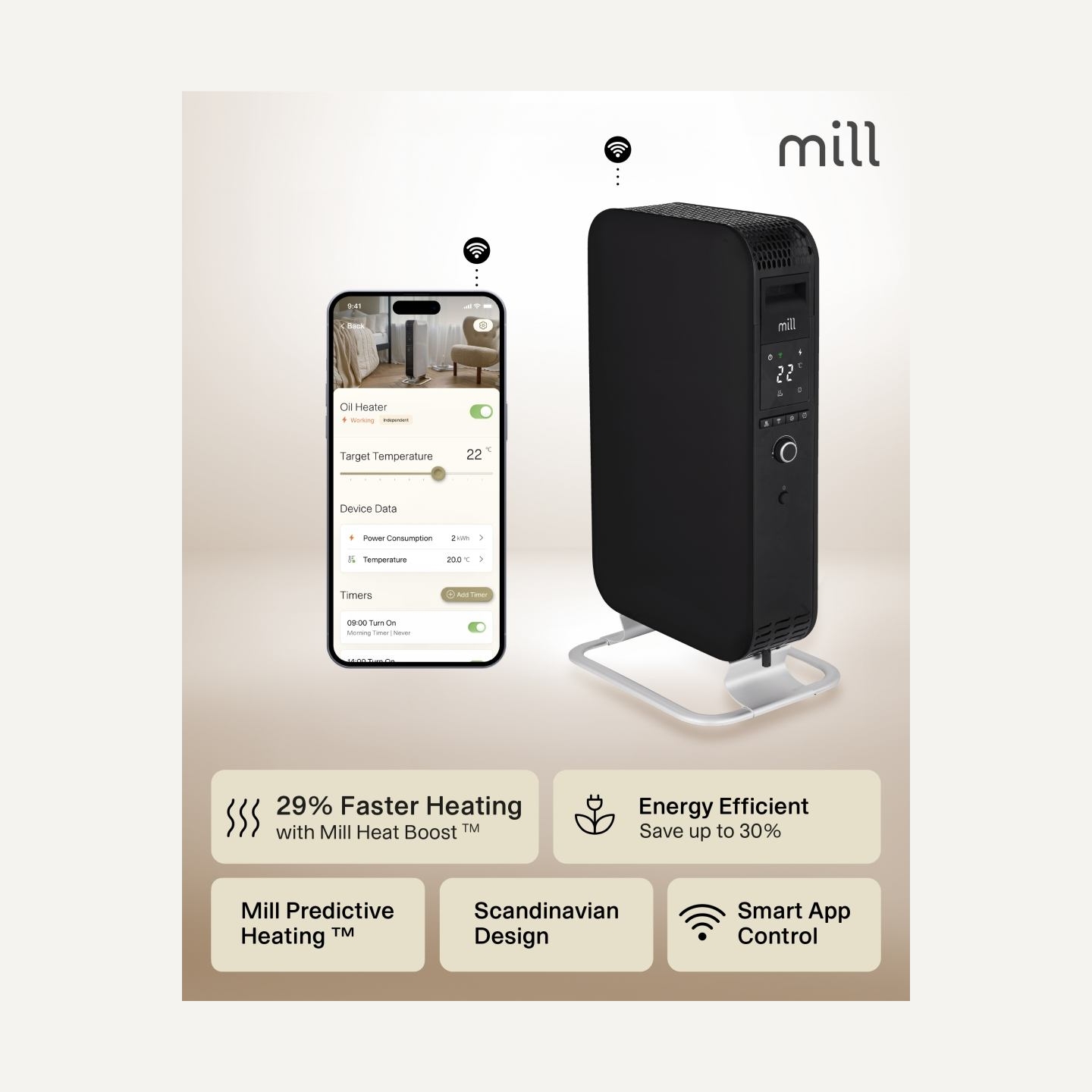 Mill | Heater | OIL1500WIFI3 Gentle Air | Oil Filled Radiator | 1500 W | Suitable for rooms up to 22 m² | Black