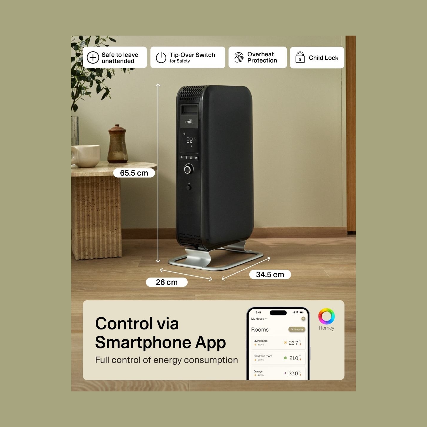 Mill | Heater | OIL1500WIFI3 Gentle Air | Oil Filled Radiator | 1500 W | Suitable for rooms up to 22 m² | Black