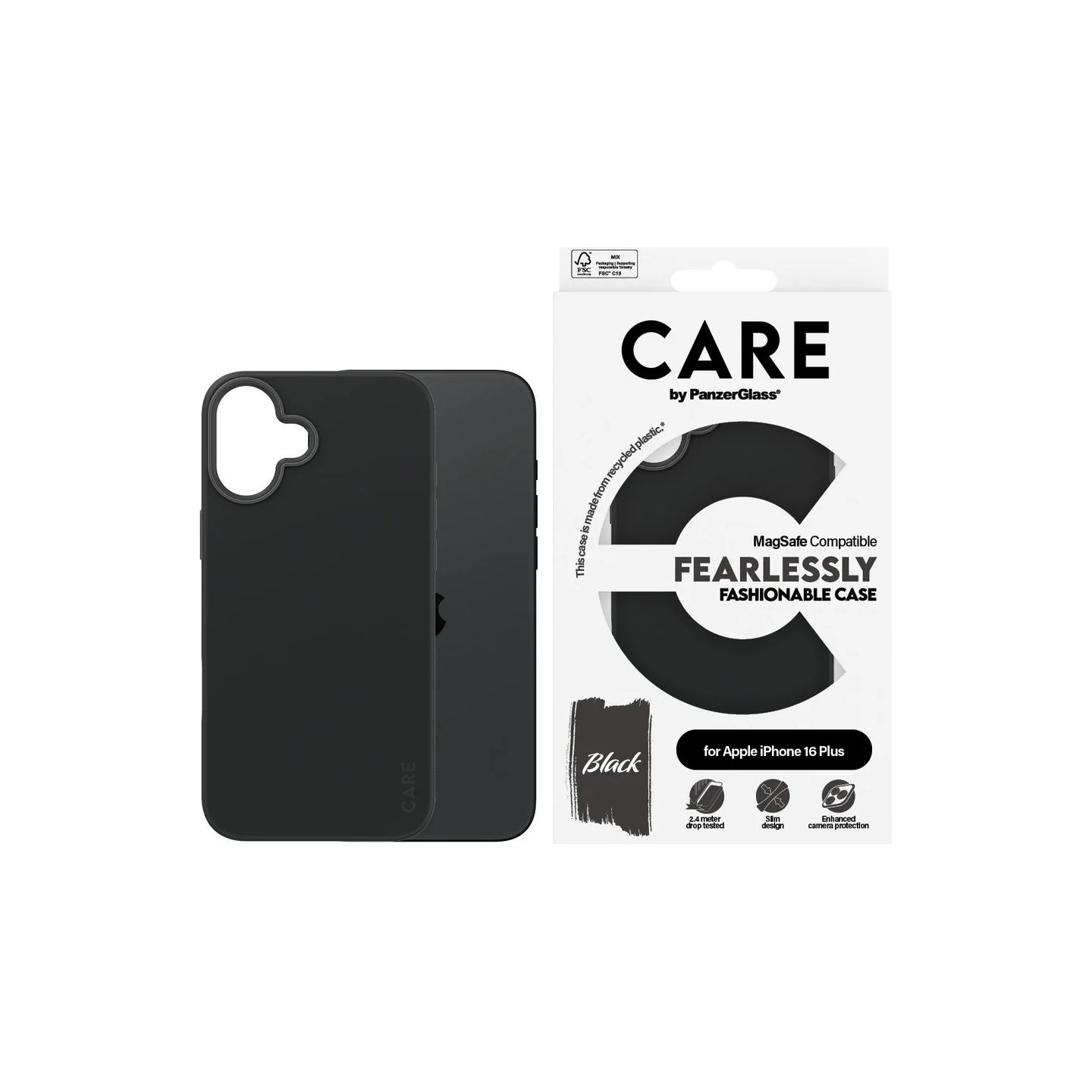 Care by PanzerGlass Case Fashion | Back protection | Apple | iPhone 16 Plus | Recycled plastic | Black | MagSafe