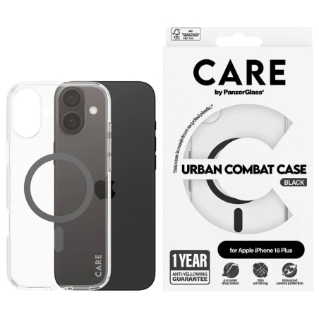 Care by PanzerGlass Case Flagship | Back protection | Apple | iPhone 16 Plus | Recycled plastic | Transparent/Black | MagSafe