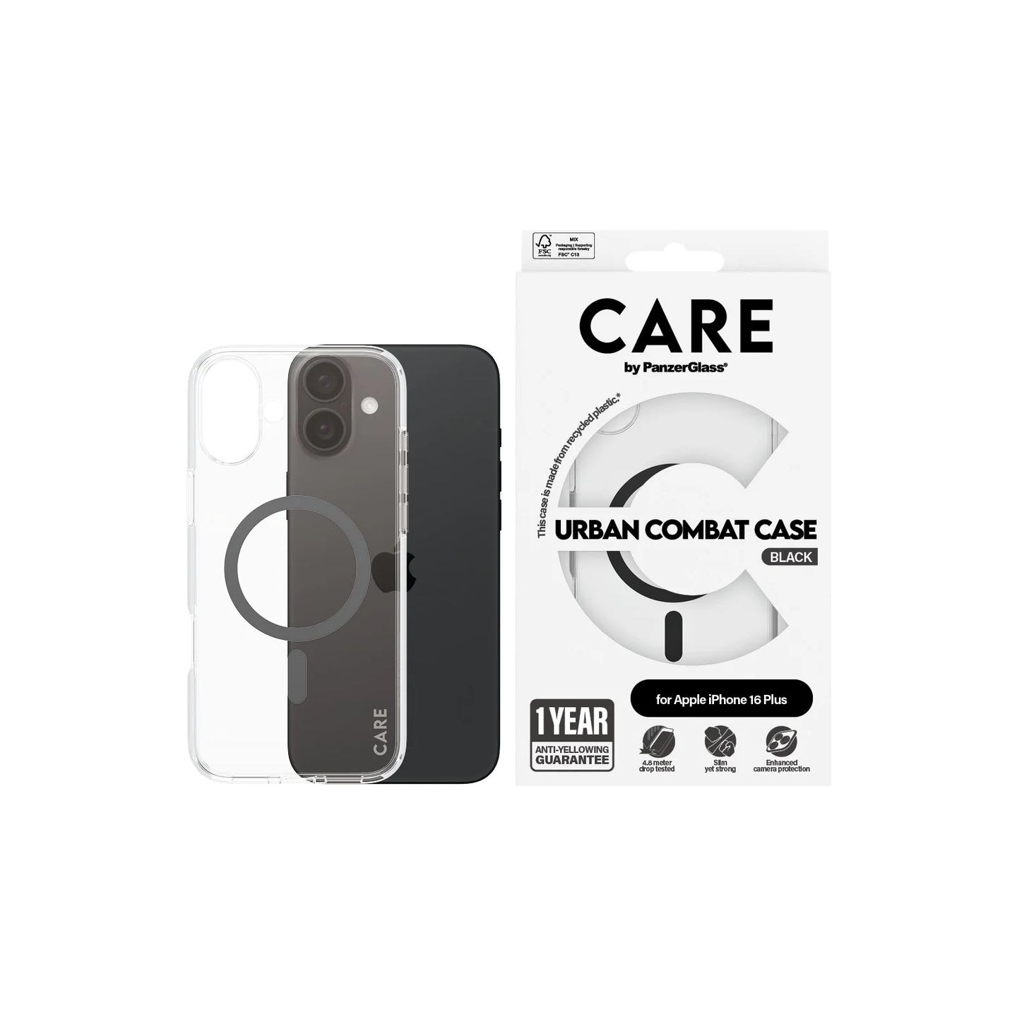 Care by PanzerGlass Case Flagship | Back protection | Apple | iPhone 16 Plus | Recycled plastic | Transparent/Black | MagSafe