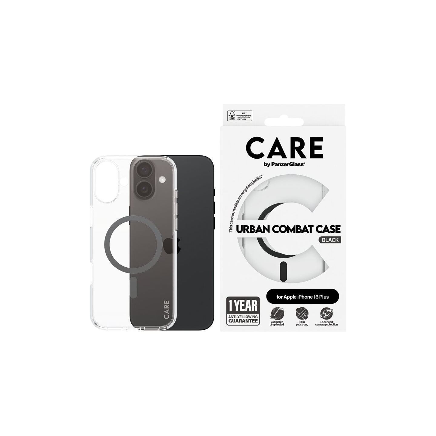 Care by PanzerGlass Case Flagship | Back protection | Apple | iPhone 16 Plus | Recycled plastic | Transparent/Black | MagSafe