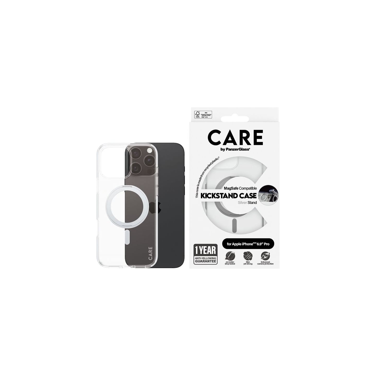 Care Feature Case | Back cover | Apple | iPhone 16 Pro Max | Recycled plastic | Silver | Kickstand & MagSafe