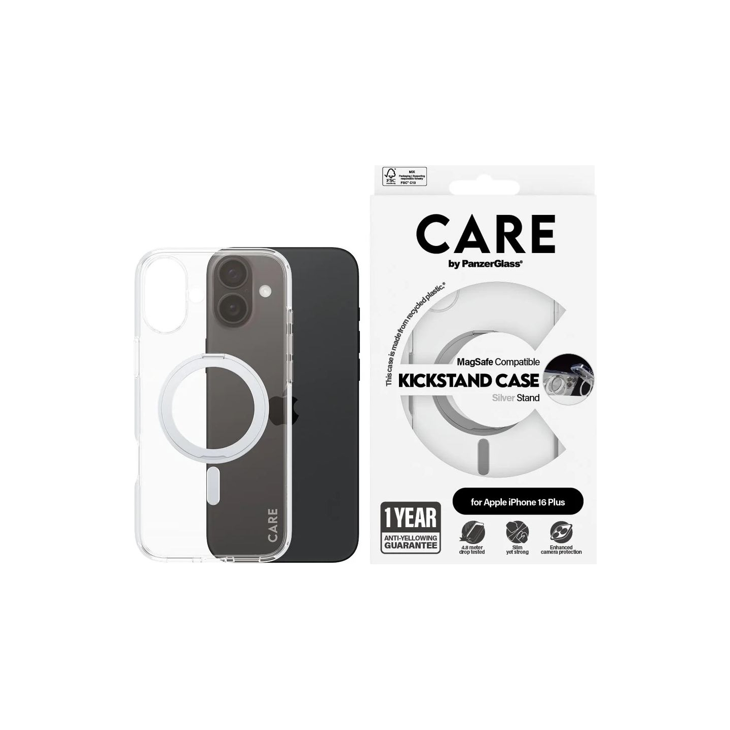 Care by PanzerGlass Case Feature | Back protection | Apple | iPhone 16 Plus | Recycled plastic | Silver | Kickstand & MagSafe