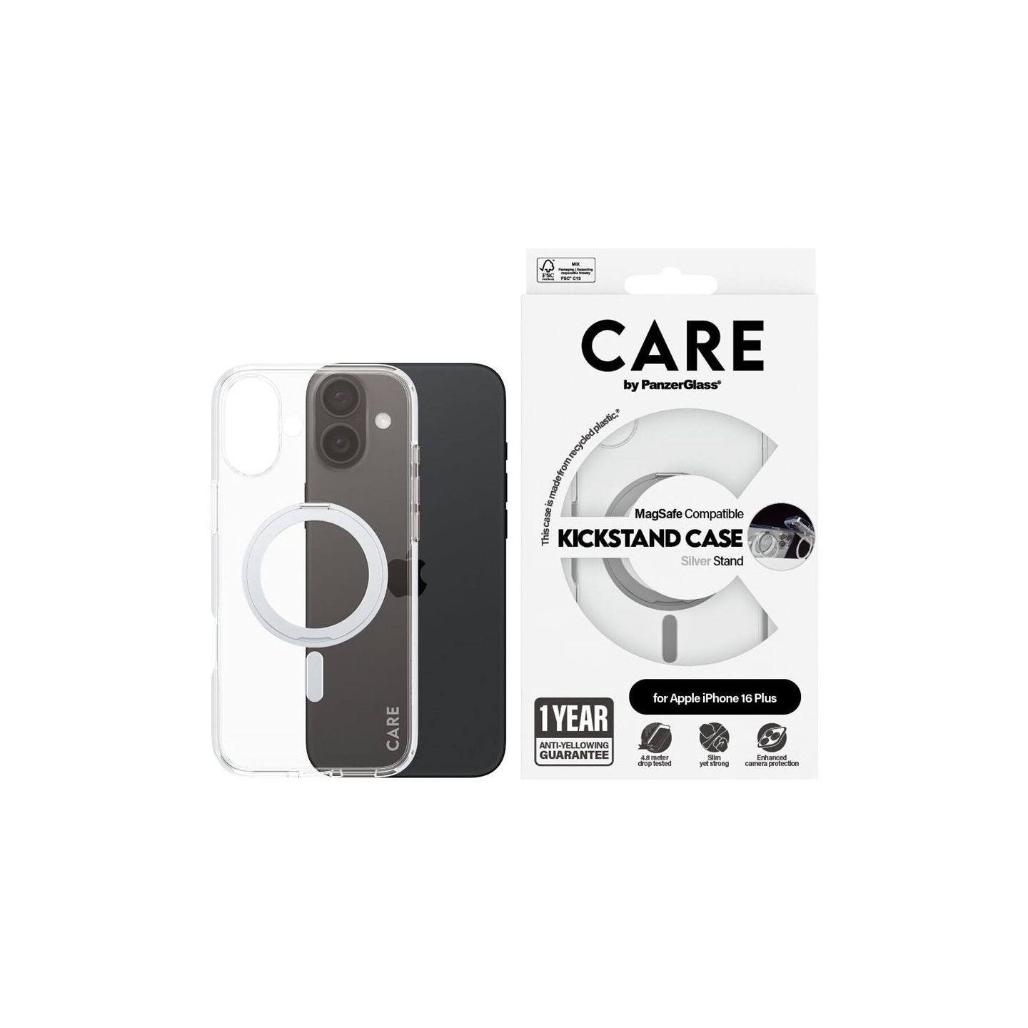 Care by PanzerGlass Case Feature | Back protection | Apple | iPhone 16 Plus | Recycled plastic | Silver | Kickstand & MagSafe