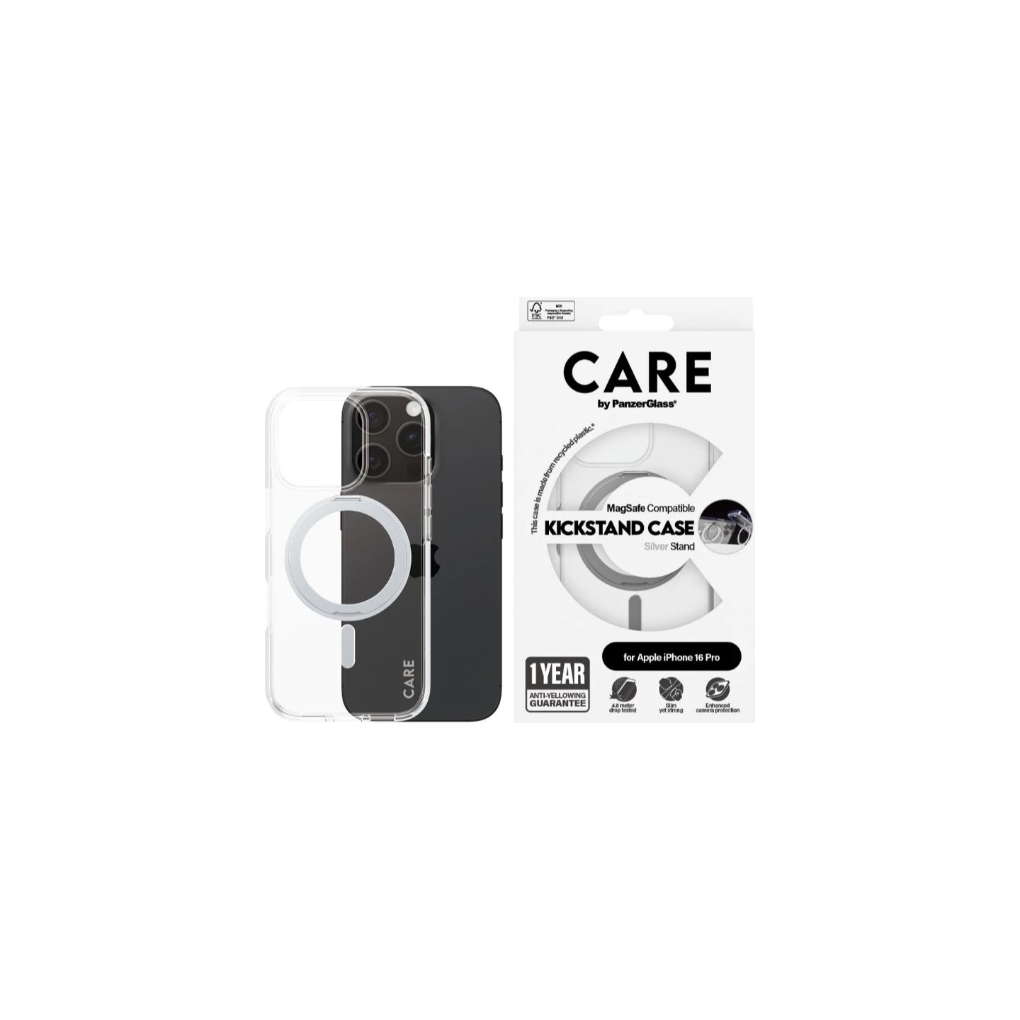 Care Feature Case | Back cover | Apple | iPhone 16 PRO | Recycled plastic | Silver | Kickstand & MagSafe