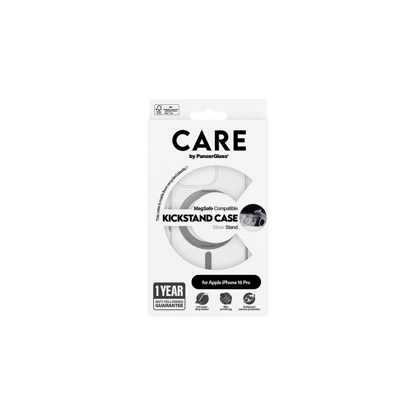 Care Feature Case | Back cover | Apple | iPhone 16 PRO | Recycled plastic | Silver | Kickstand & MagSafe
