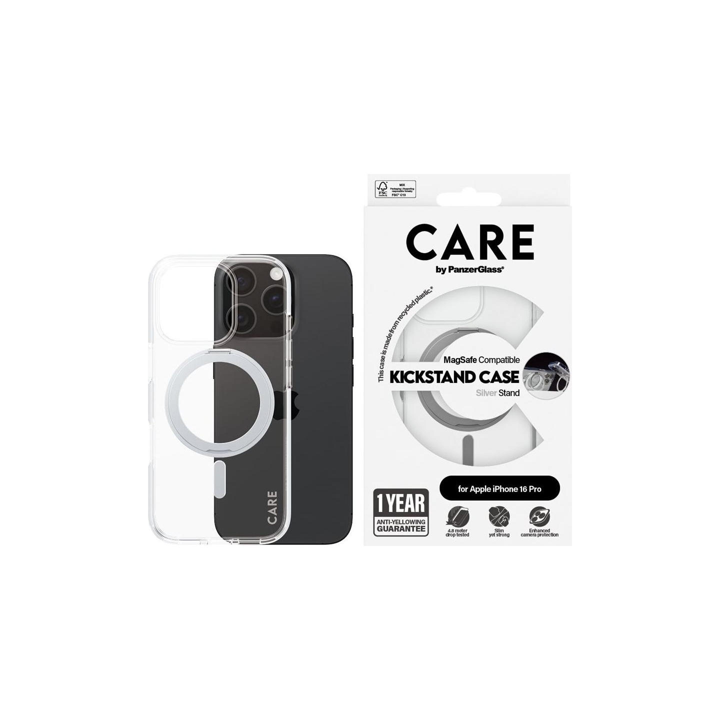 Care Feature Case | Back cover | Apple | iPhone 16 PRO | Recycled plastic | Silver | Kickstand & MagSafe