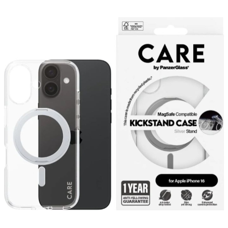 Care Feature Case | Back cover | Apple | iPhone 16 | Recycled plastic | Silver | Kickstand & MagSafe