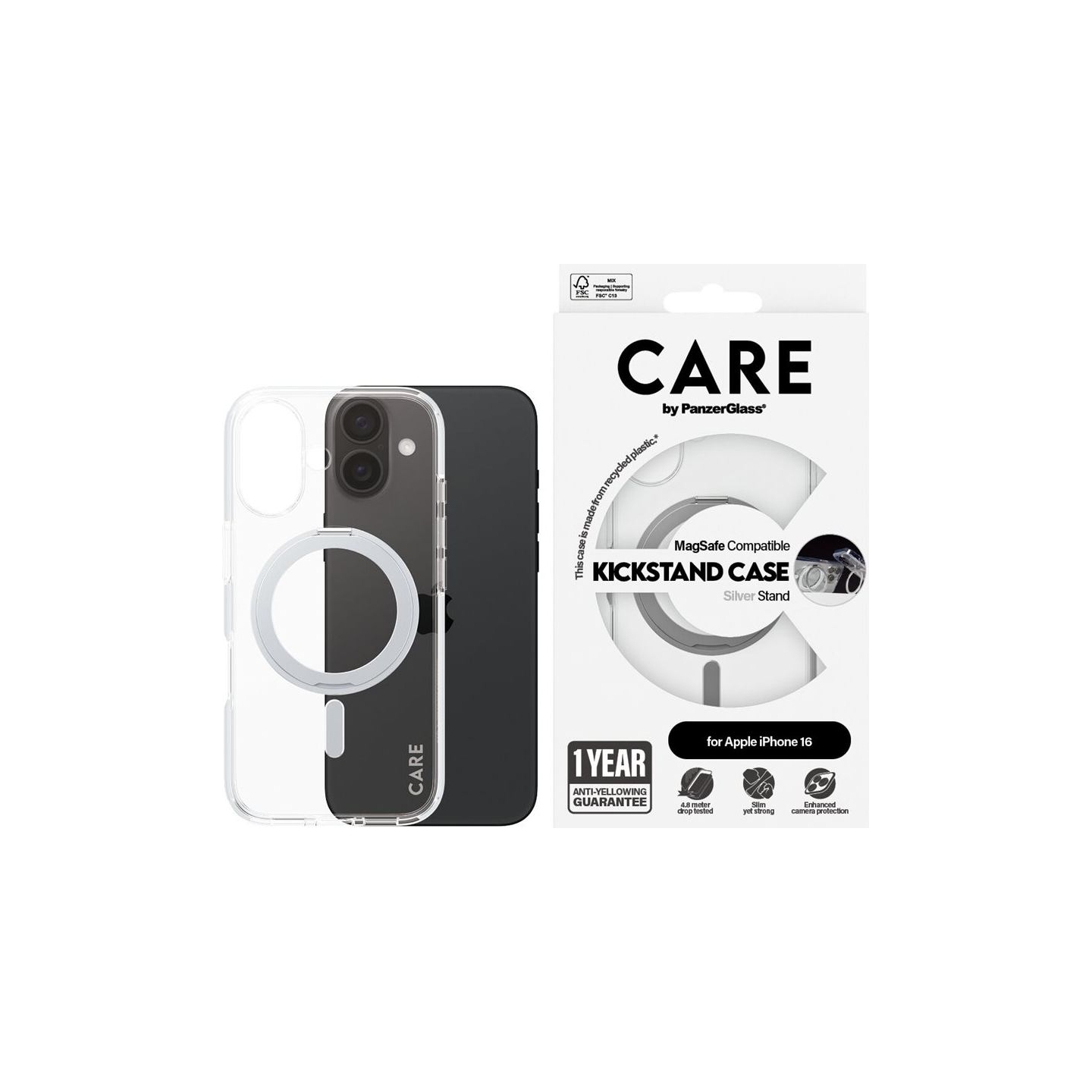 Care Feature Case | Back cover | Apple | iPhone 16 | Recycled plastic | Silver | Kickstand & MagSafe
