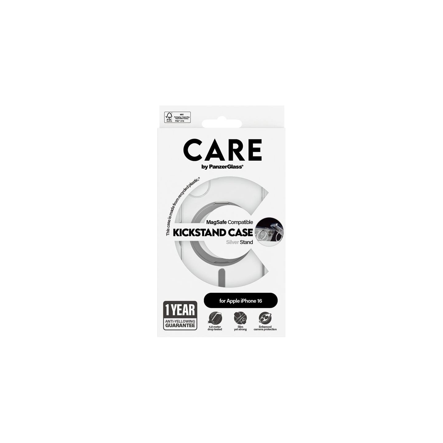 Care Feature Case | Back cover | Apple | iPhone 16 | Recycled plastic | Silver | Kickstand & MagSafe