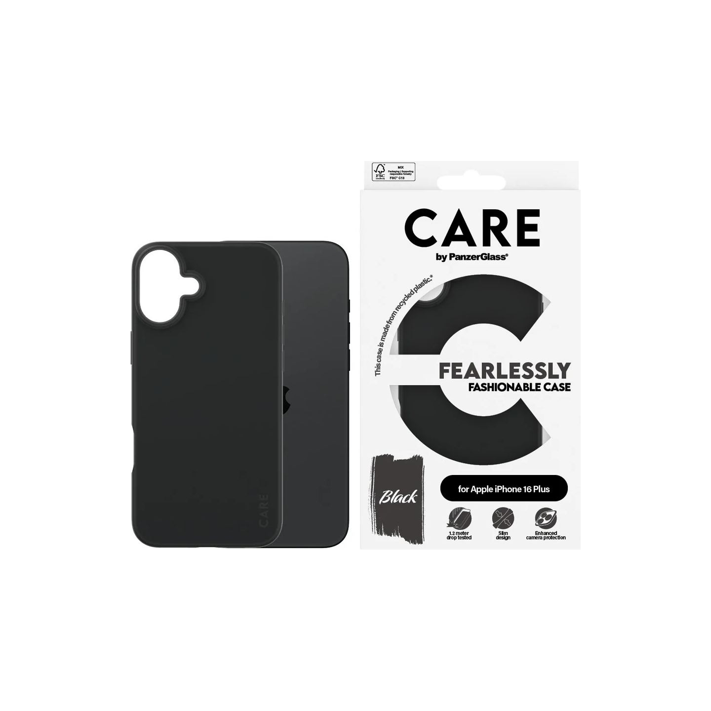 Care by PanzerGlass Case Fashion | Back protection | Apple | iPhone 16 Plus | Recycled plastic | Black