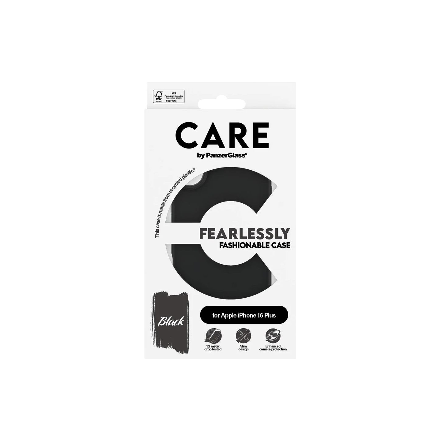 Care by PanzerGlass Case Fashion | Back protection | Apple | iPhone 16 Plus | Recycled plastic | Black