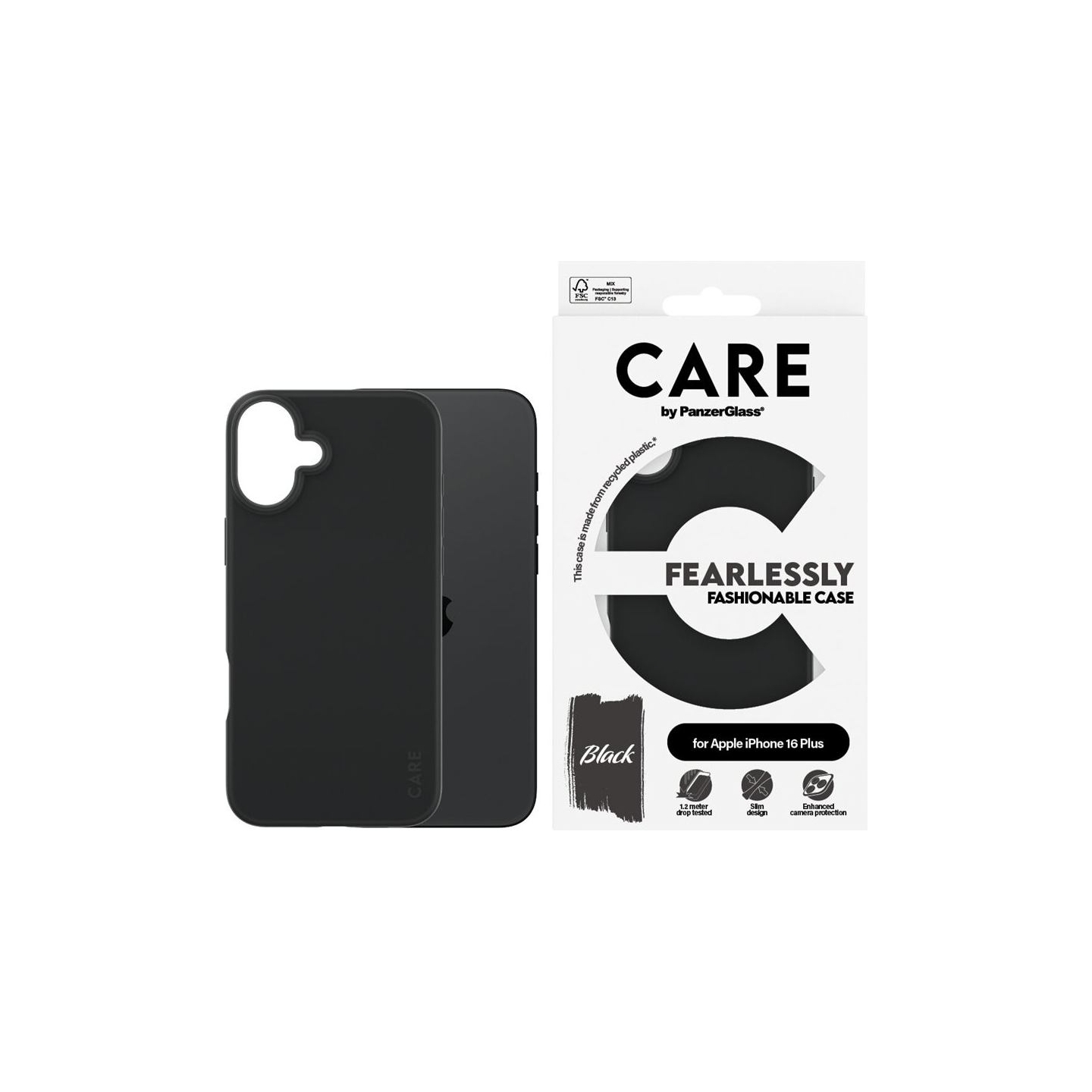 Care by PanzerGlass Case Fashion | Back protection | Apple | iPhone 16 Plus | Recycled plastic | Black