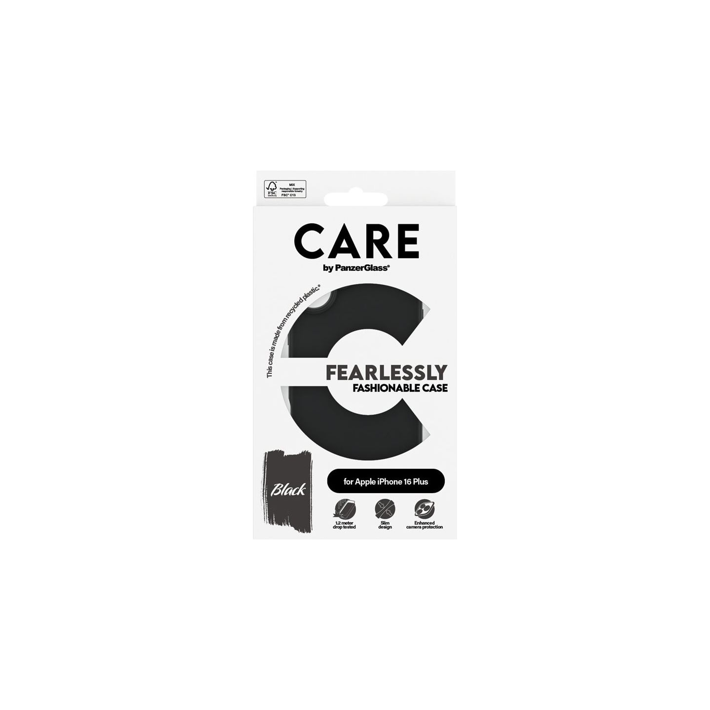Care by PanzerGlass Case Fashion | Back protection | Apple | iPhone 16 Plus | Recycled plastic | Black