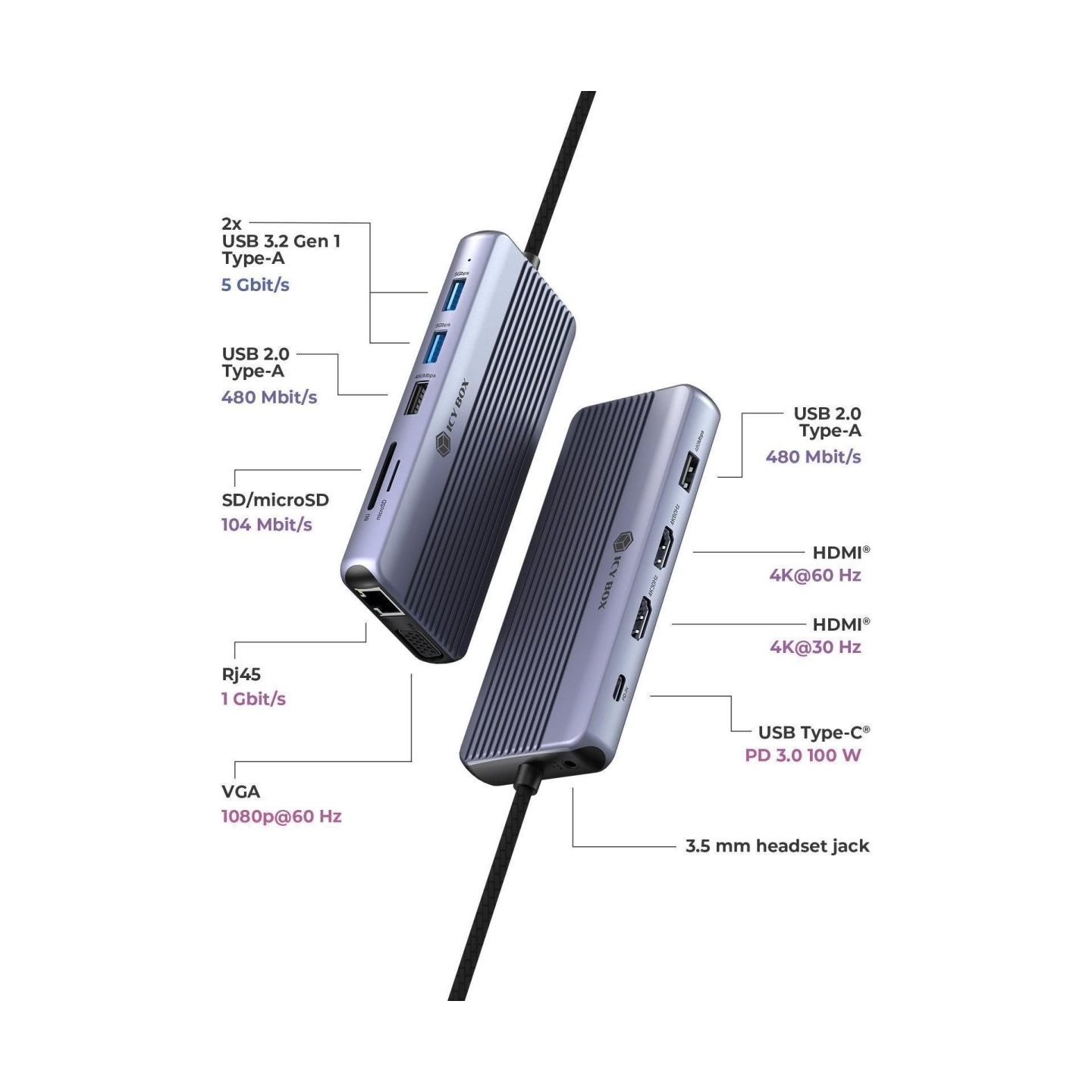 Raidsonic Icy Box Travel Dock 12-in-1, 3x video output (2x HDMI + 1x VGA) | IB-DK4062-CPD