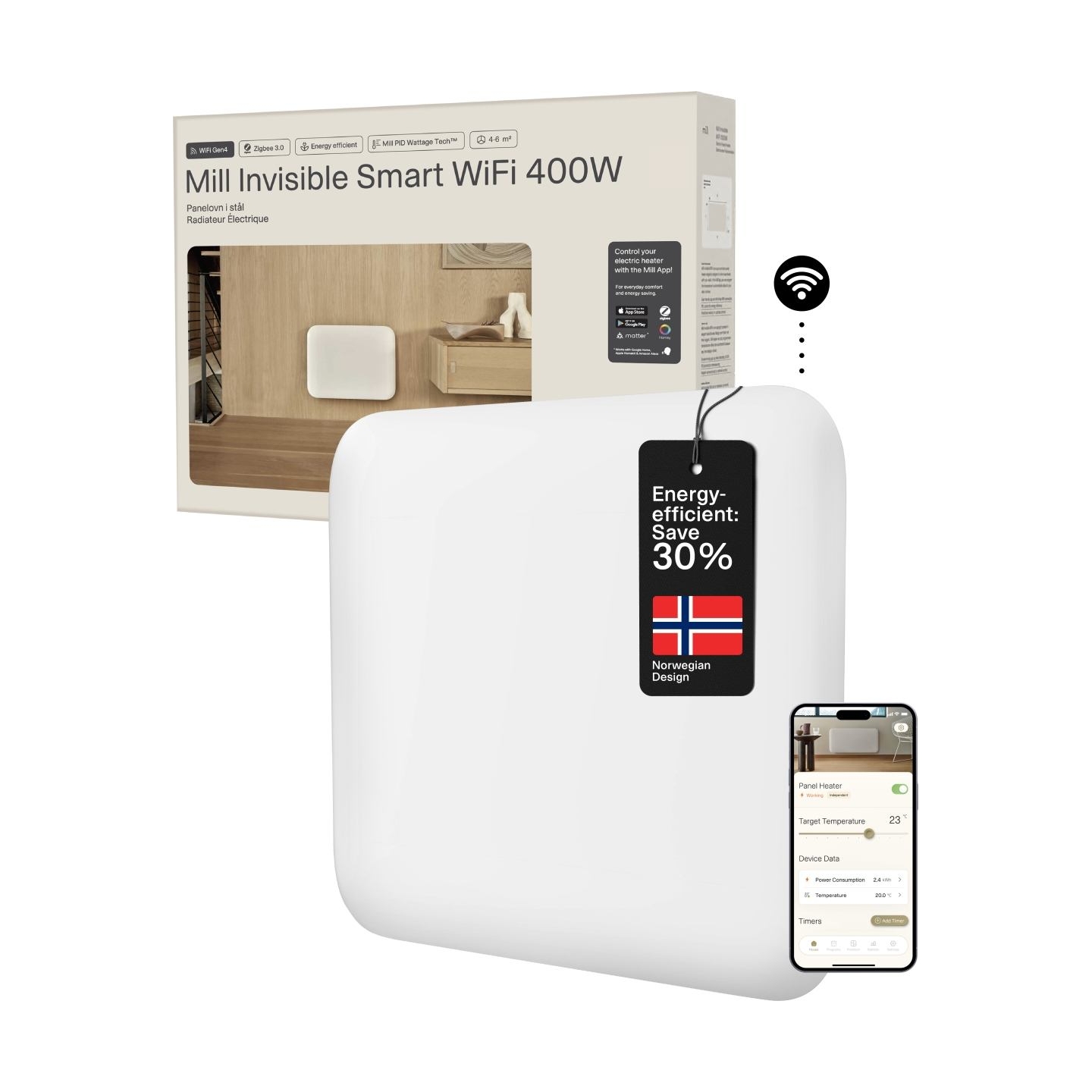 Mill Invisible Smart WiFi Heater | PA400WIFI4 | Panel Heater | 400 W | Suitable for rooms up to 4-6 m² | White | IPX4