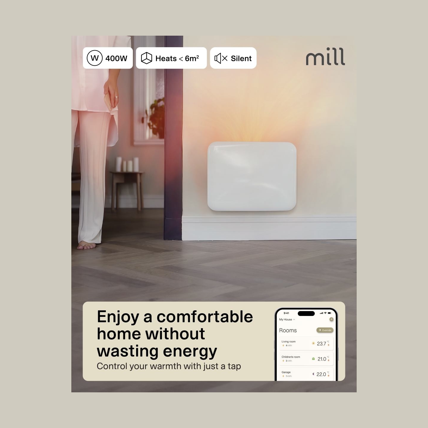Mill Invisible Smart WiFi Heater | PA400WIFI4 | Panel Heater | 400 W | Suitable for rooms up to 4-6 m² | White | IPX4