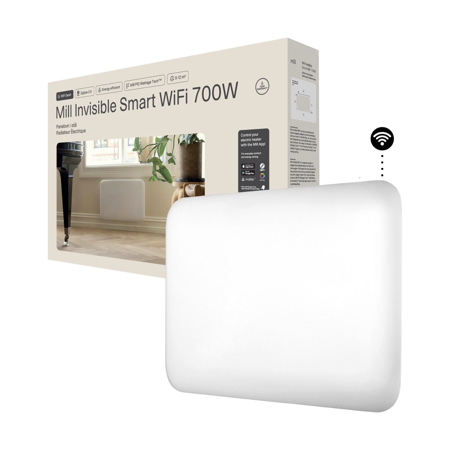 Mill Invisible Smart WiFi Heater | PA700WIFI4 | Panel Heater | 700 W | Suitable for rooms up to 9-12 m² | White | IPX4
