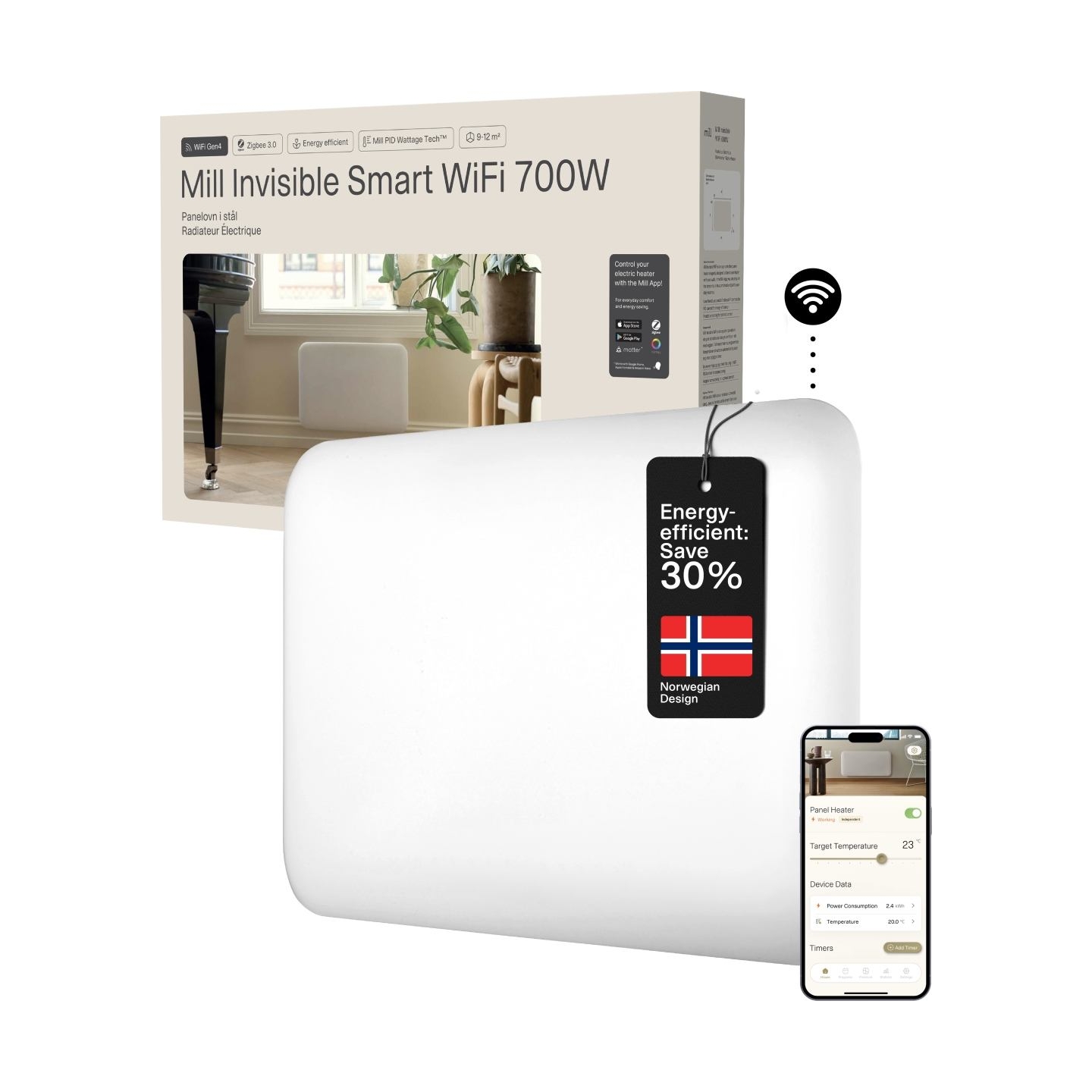 Mill Invisible Smart WiFi Heater | PA700WIFI4 | Panel Heater | 700 W | Suitable for rooms up to 9-12 m² | White | IPX4