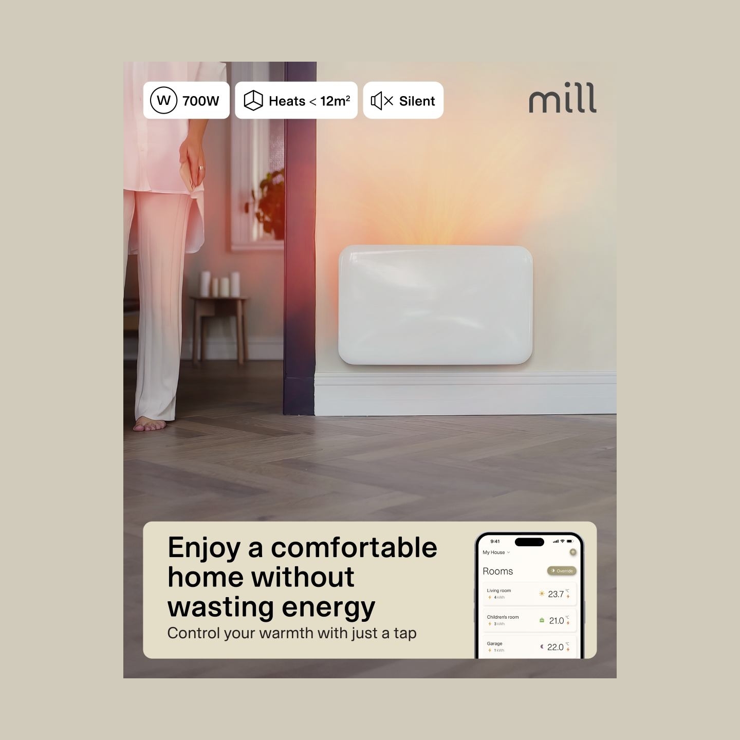 Mill Invisible Smart WiFi Heater | PA700WIFI4 | Panel Heater | 700 W | Suitable for rooms up to 9-12 m² | White | IPX4
