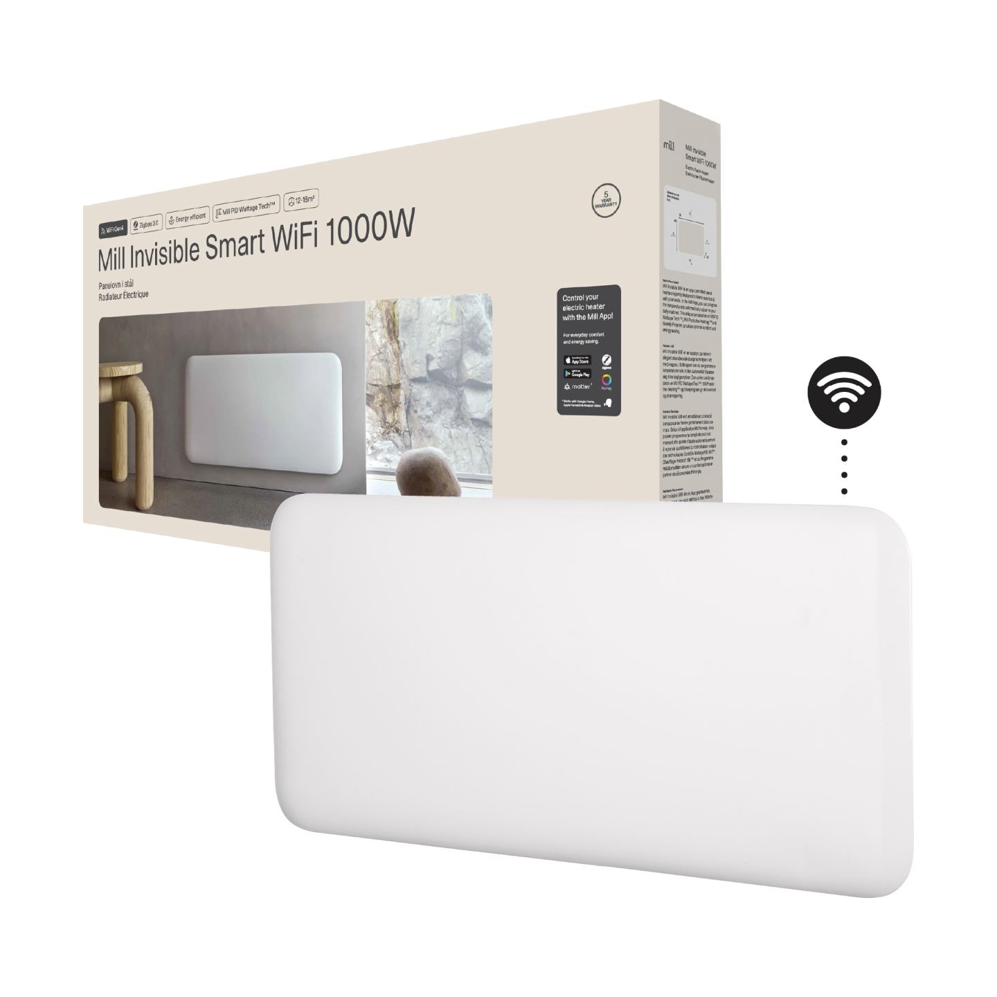 Mill Invisible Smart WiFi Heater | PA1000WIFI4 | Panel Heater | 1000 W | Suitable for rooms up to 12-16 m² | White | IPX4