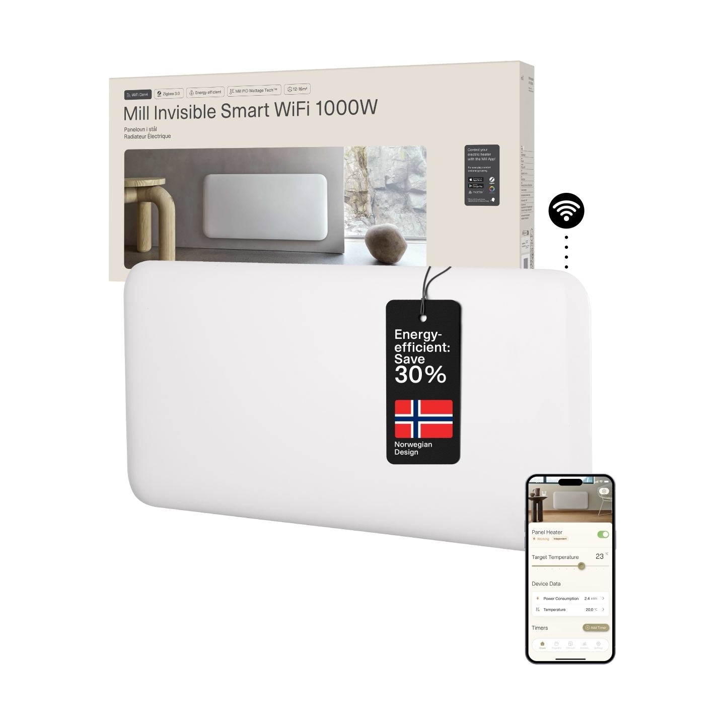 Mill Invisible Smart WiFi Heater | PA1000WIFI4 | Panel Heater | 1000 W | Suitable for rooms up to 12-16 m² | White | IPX4