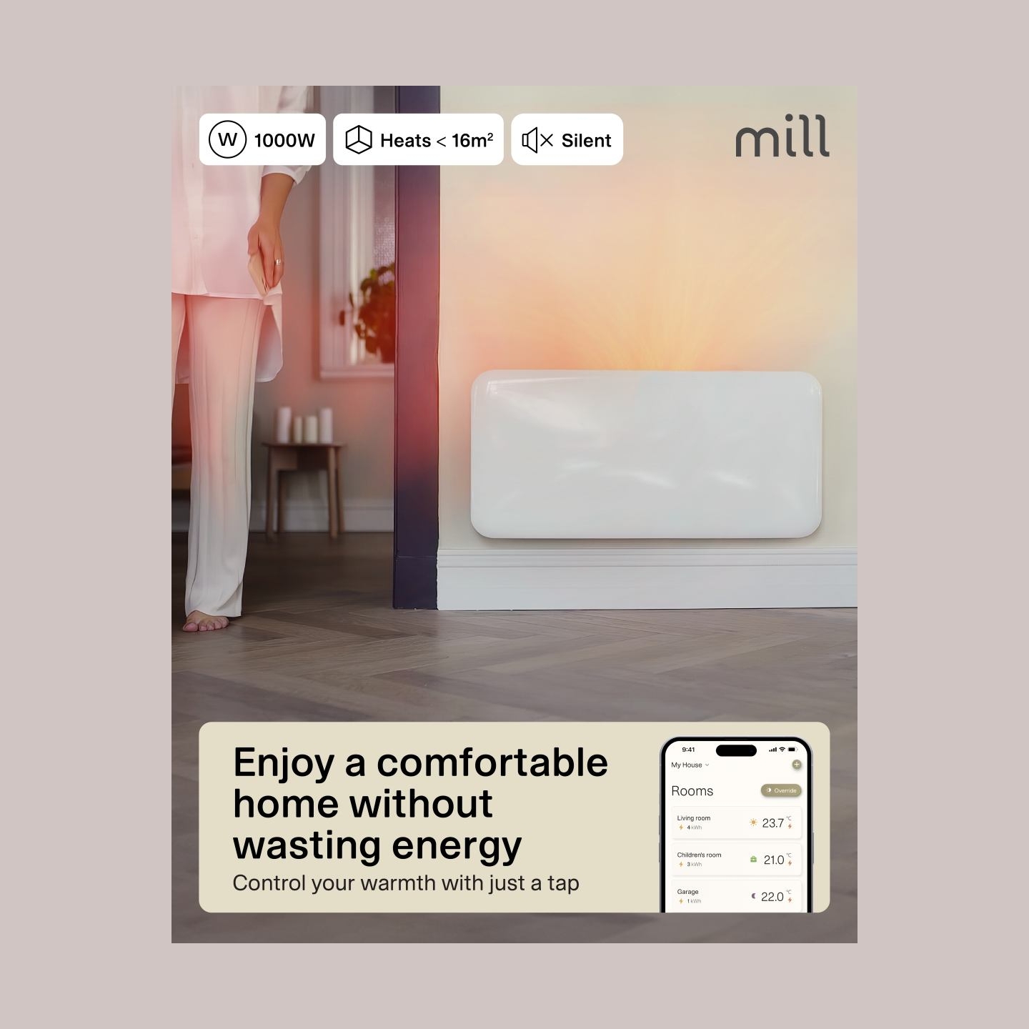 Mill Invisible Smart WiFi Heater | PA1000WIFI4 | Panel Heater | 1000 W | Suitable for rooms up to 12-16 m² | White | IPX4