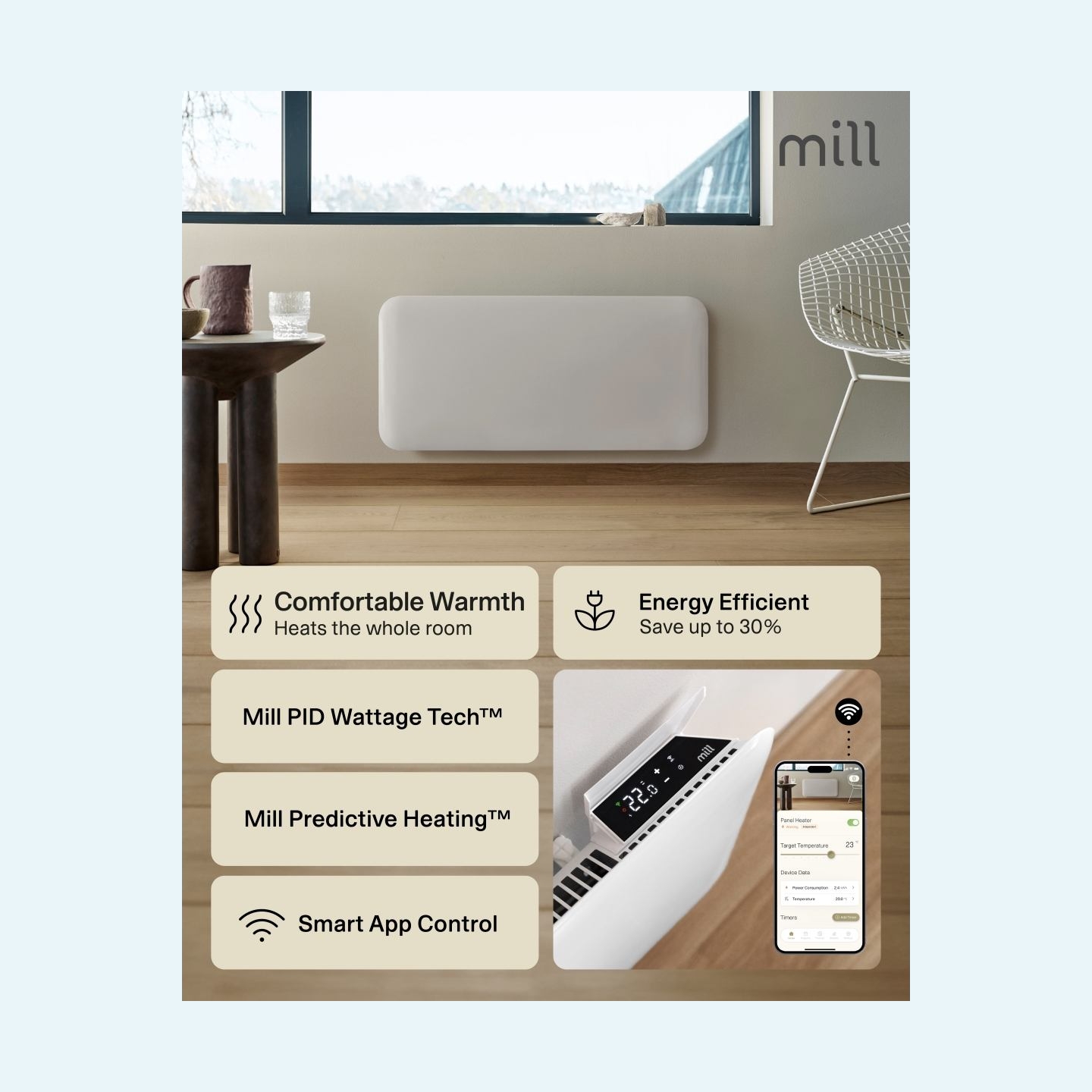 Mill Invisible Smart WiFi Heater | PA1000WIFI4 | Panel Heater | 1000 W | Suitable for rooms up to 12-16 m² | White | IPX4