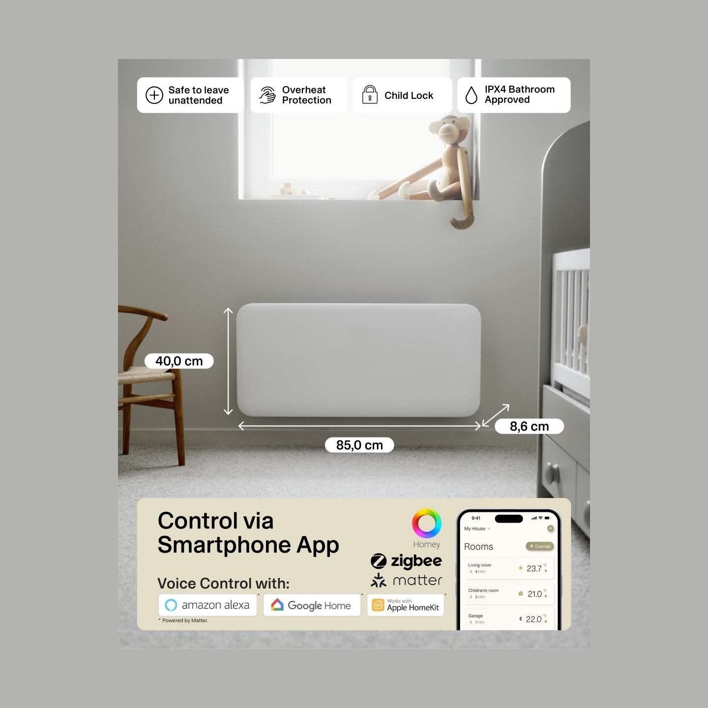 Mill Invisible Smart WiFi Heater | PA1000WIFI4 | Panel Heater | 1000 W | Suitable for rooms up to 12-16 m² | White | IPX4