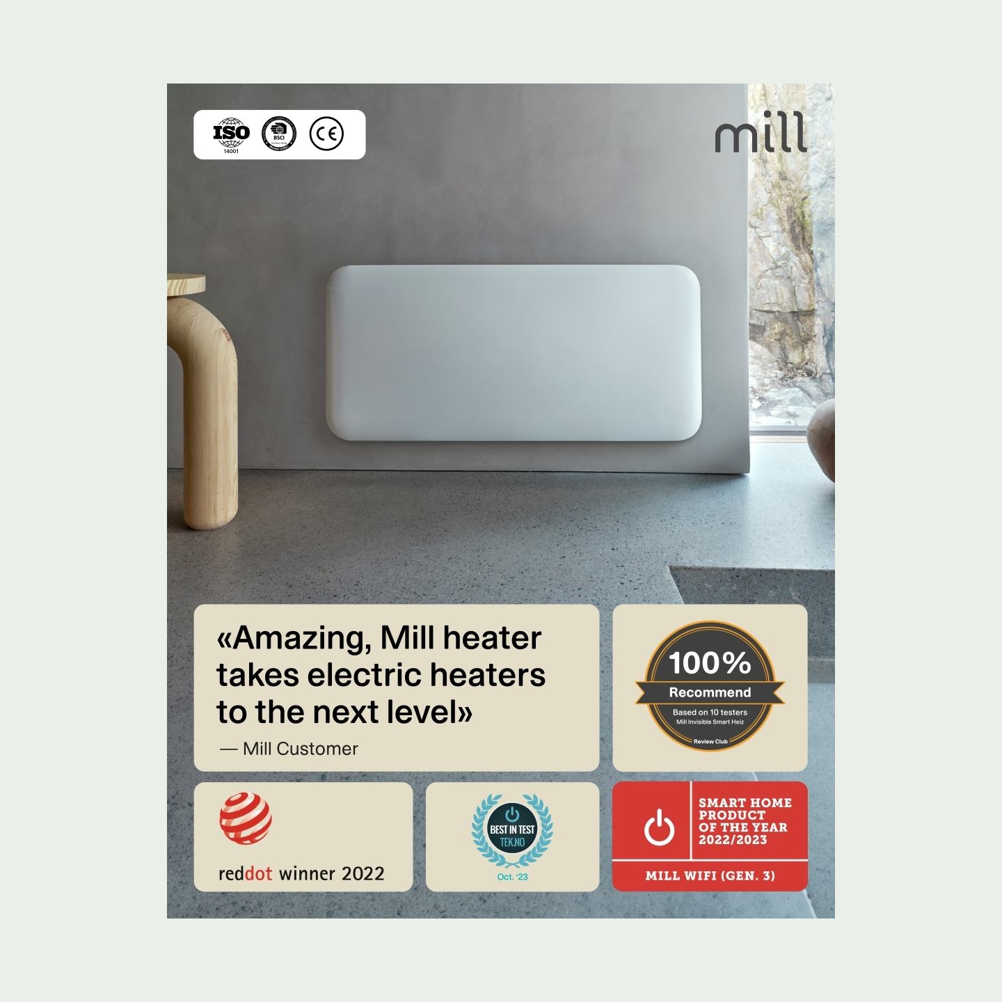 Mill Invisible Smart WiFi Heater | PA1000WIFI4 | Panel Heater | 1000 W | Suitable for rooms up to 12-16 m² | White | IPX4