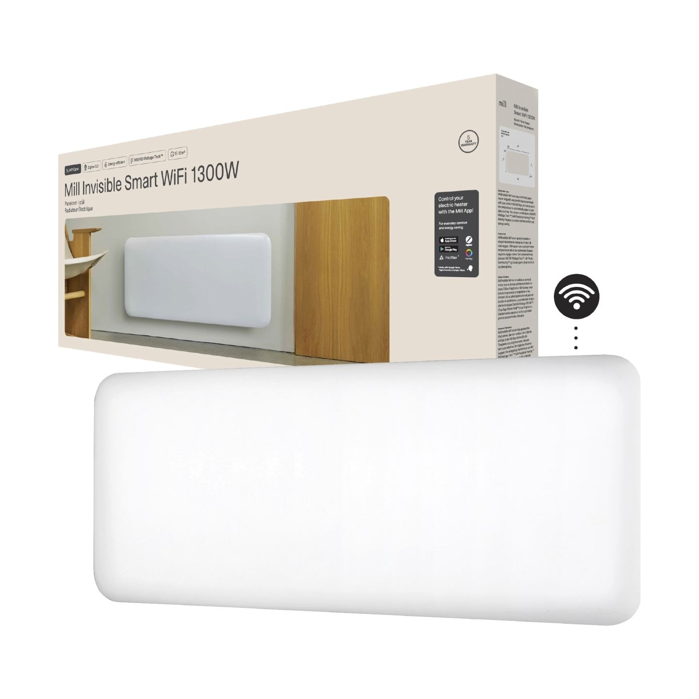 Mill Invisible Smart WiFi Heater | PA1300WIFI4 | Panel Heater | 1300 W | Suitable for rooms up to 15-19 m² | White | IPX4
