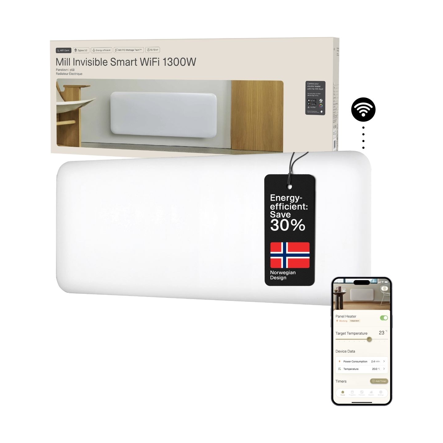 Mill Invisible Smart WiFi Heater | PA1300WIFI4 | Panel Heater | 1300 W | Suitable for rooms up to 15-19 m² | White | IPX4