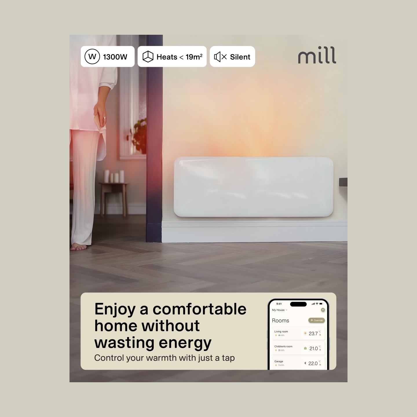Mill Invisible Smart WiFi Heater | PA1300WIFI4 | Panel Heater | 1300 W | Suitable for rooms up to 15-19 m² | White | IPX4