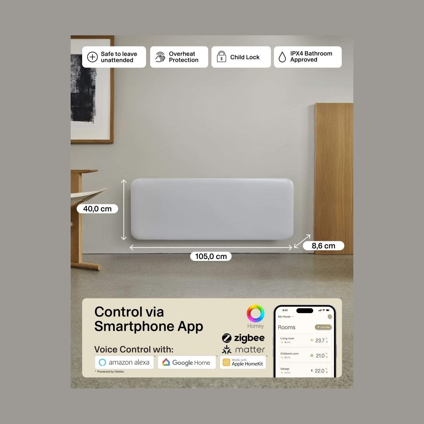 Mill Invisible Smart WiFi Heater | PA1300WIFI4 | Panel Heater | 1300 W | Suitable for rooms up to 15-19 m² | White | IPX4