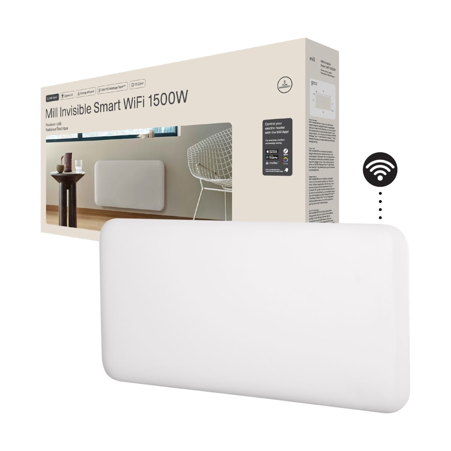 Mill Invisible Smart WiFi Heater | PA1500WIFI4 | Panel Heater | 1500 W | Suitable for rooms up to 18-22 m² | White | IPX4
